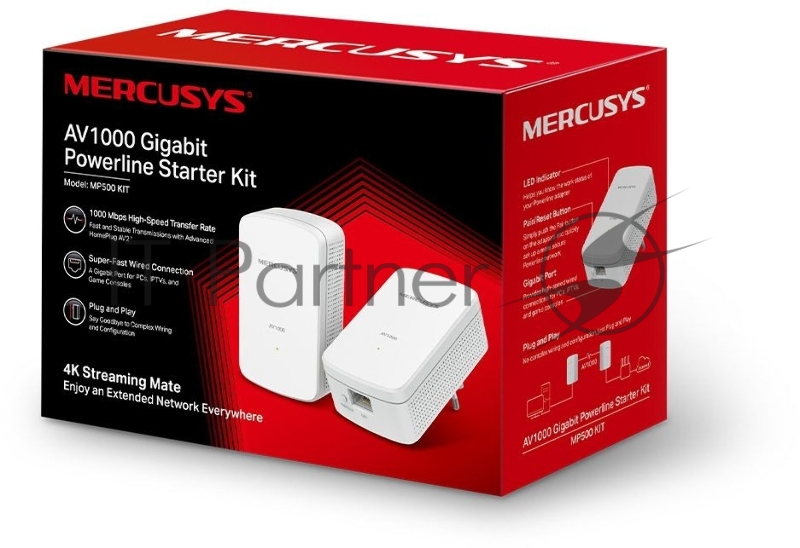 Комплект гигабитных адаптеров Mercusys AV1000 Gigabit Powerline Kit, HomePlug AV2 standard, 1 Gigabit port, 300m over electrical circuits, plug and play.