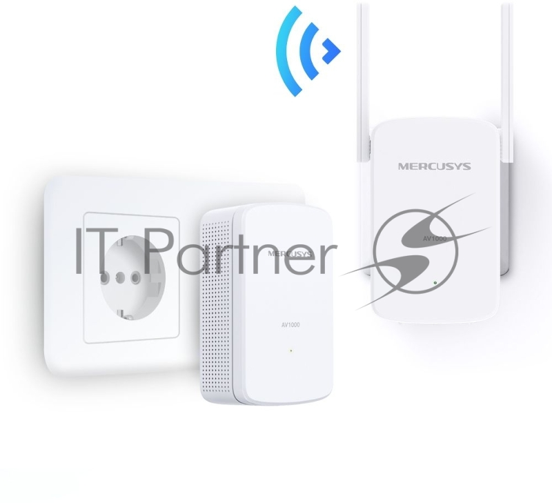 Комплект гигабитных Wi-Fi адаптеров Mercusys Powerline AV1000 Powerline kit with 300Mbps Wi-Fi, plug and play, up to 300 meters over an existing electrical circuit, the kit includes a MP510 and a MP500.