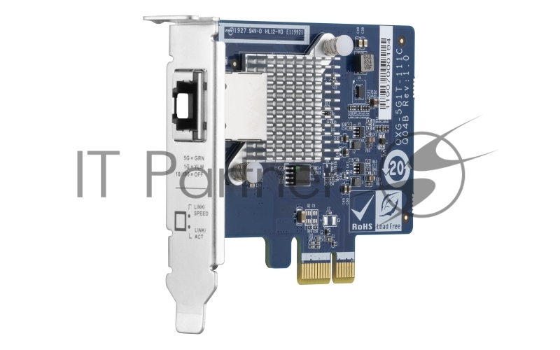 Сетевая карта QNAP QXG-5G1T-111C PCIe Gen2 x1, Single-port 4-speed 5 GbE network expansion card (5Gbps/ 2.5Gbps/ 1Gbps/ 100Mbps) Low-profile bracket pre-installed full-height and specialized brackets are bundled