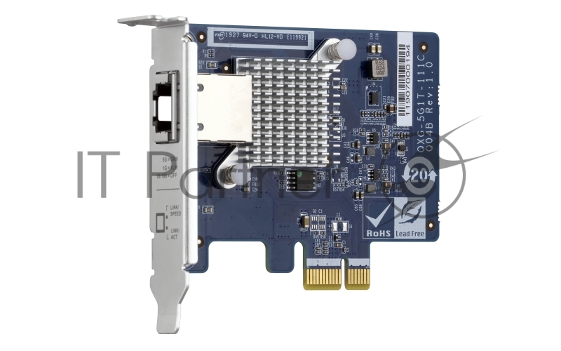 Сетевая карта QNAP QXG-5G1T-111C PCIe Gen2 x1, Single-port 4-speed 5 GbE network expansion card (5Gbps/ 2.5Gbps/ 1Gbps/ 100Mbps) Low-profile bracket pre-installed full-height and specialized brackets are bundled