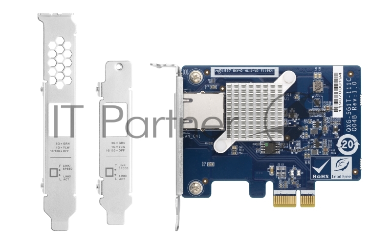 Сетевая карта QNAP QXG-5G1T-111C PCIe Gen2 x1, Single-port 4-speed 5 GbE network expansion card (5Gbps/ 2.5Gbps/ 1Gbps/ 100Mbps) Low-profile bracket pre-installed full-height and specialized brackets are bundled