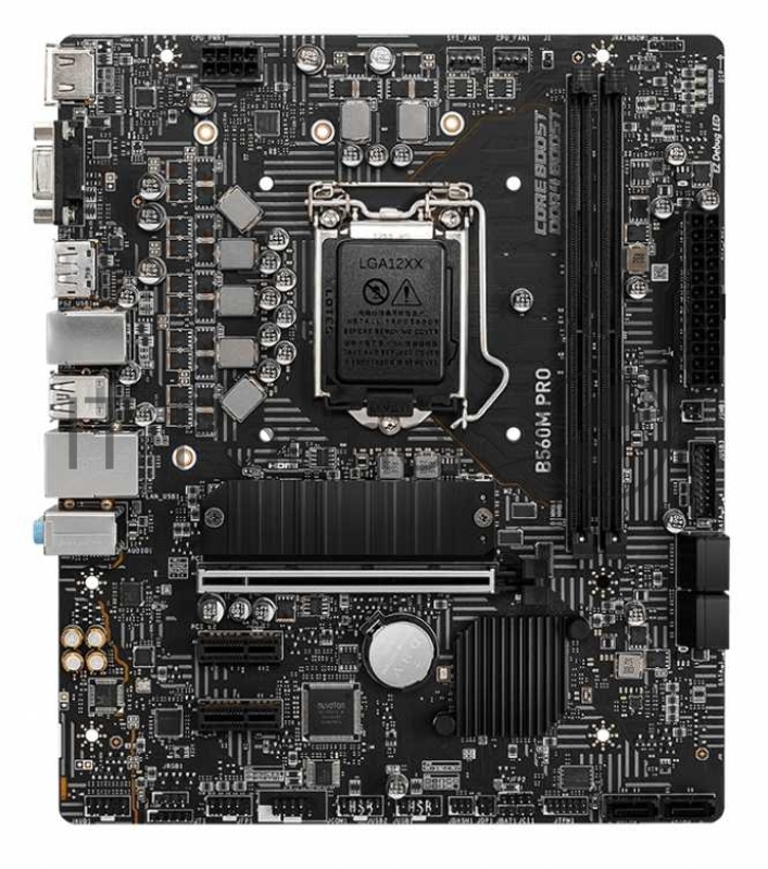 Материнская плата MSI B560M PRO mATX, Socket 1200, Intel® B560, 2xDDR4-3200, HDMI+VGA+DP, 1xPCI-Ex16x, 2xPCI-Ex1x, 6xSATA3(RAID 0/1/5/10), 1xM.2, 8 Ch Audio, GLan, (2+4)xUSB2.0, (4+2)xUSB3.2, 1xPS/2