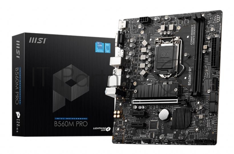 Материнская плата MSI B560M PRO mATX, Socket 1200, Intel® B560, 2xDDR4-3200, HDMI+VGA+DP, 1xPCI-Ex16x, 2xPCI-Ex1x, 6xSATA3(RAID 0/1/5/10), 1xM.2, 8 Ch Audio, GLan, (2+4)xUSB2.0, (4+2)xUSB3.2, 1xPS/2