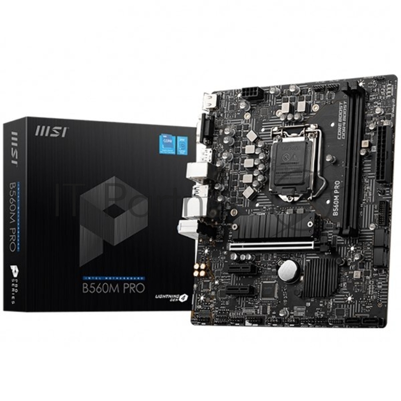 Материнская плата MSI B560M PRO mATX, Socket 1200, Intel® B560, 2xDDR4-3200, HDMI+VGA+DP, 1xPCI-Ex16x, 2xPCI-Ex1x, 6xSATA3(RAID 0/1/5/10), 1xM.2, 8 Ch Audio, GLan, (2+4)xUSB2.0, (4+2)xUSB3.2, 1xPS/2