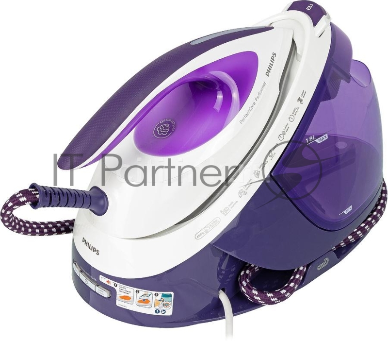 Парогенератор Philips GC8752/30, максимальное давление насоса 6,5 бар, мощность 2600 Вт, паровой удар до 450 г, постоянная подача пара до 120г/мин, резервуар 1.8 л, система очистки от накипи Smart Calc Clean, подошва SteamGlide Plus, технология Optim