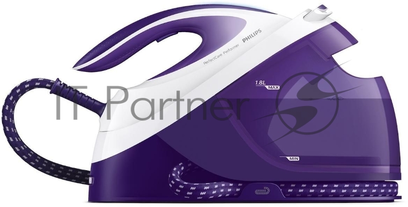 Парогенератор Philips GC8752/30, максимальное давление насоса 6,5 бар, мощность 2600 Вт, паровой удар до 450 г, постоянная подача пара до 120г/мин, резервуар 1.8 л, система очистки от накипи Smart Calc Clean, подошва SteamGlide Plus, технология Optim