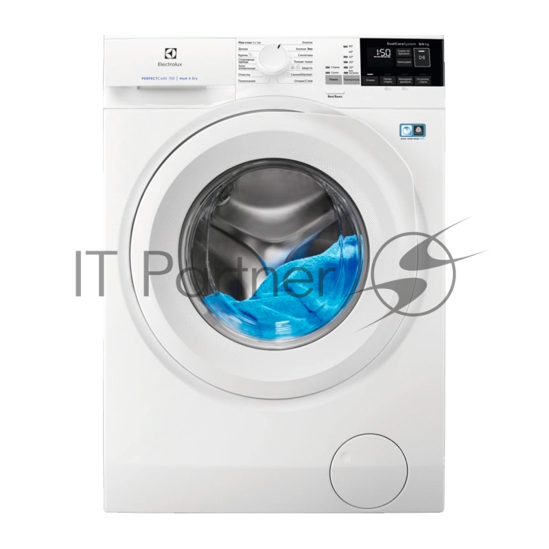Стиральная машина с сушкой ELECTROLUX EW7WR468W / Фронтальная загрузка серия PC700, стирка 8 кг / сушка 6 кг, отжим 1600 об/мин, классы A/A, глубина 60 см, средний цифровой ЖК дисплей, инверторный двигатель, конденсационная сушка, разглаживание и осв
