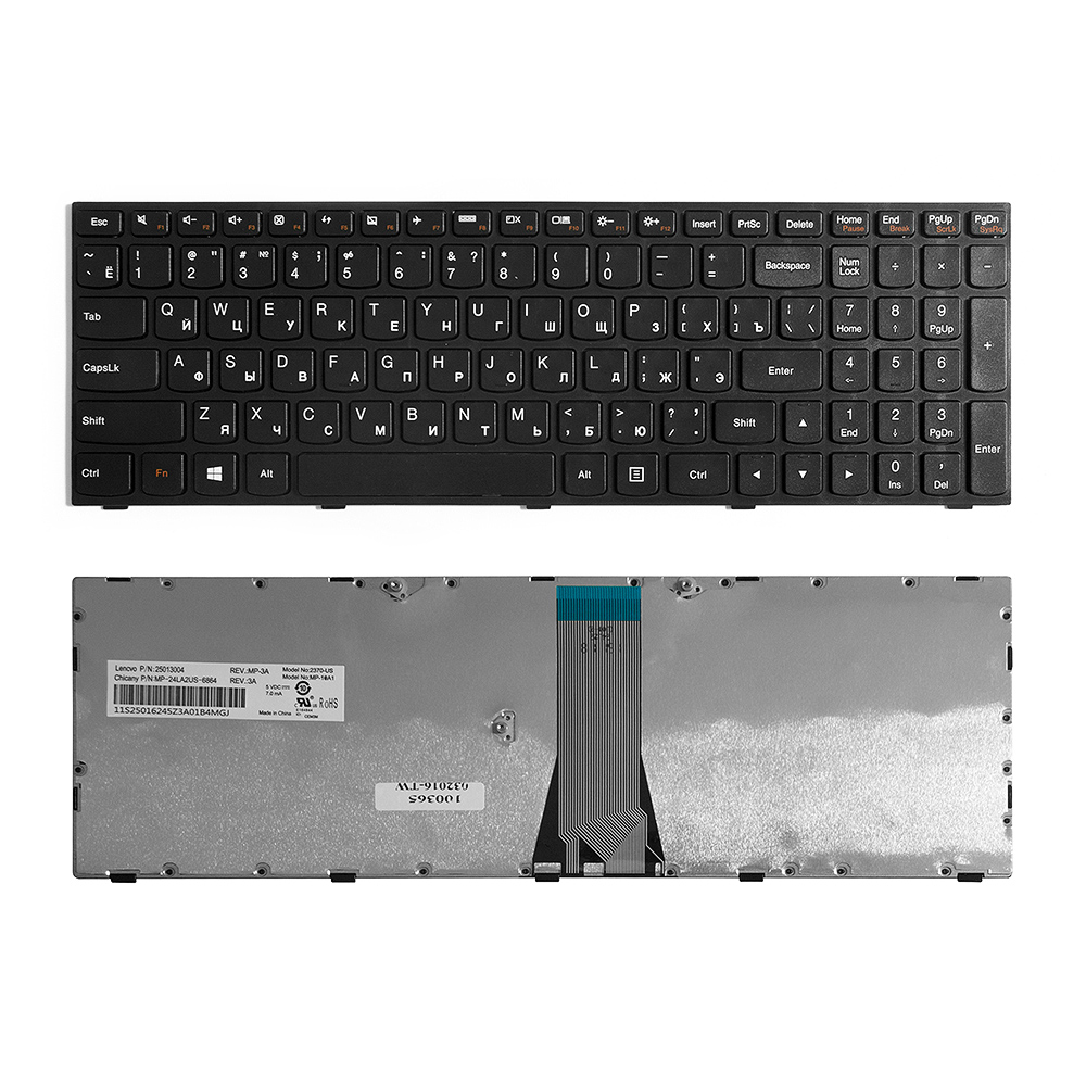 Клавиатура для ноутбука Lenovo IdeaPad G50-30, G50-45, G50-70 Series. Плоский Enter. Черная, с черной рамкой. NSK-BQ0SN, 25214725.