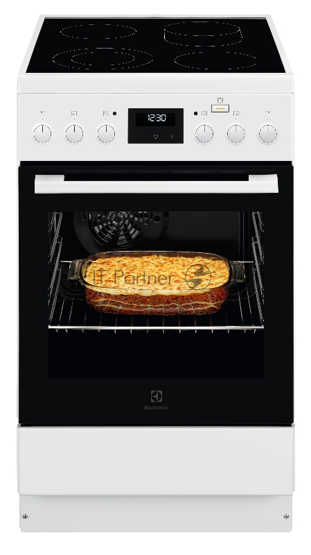 Электрическая плита ELECTROLUX/ Электрическая плита со стеклокерамикой, 50см шириной, белого цвета, мультифункциональная электрическая духовка с паром SteamBake, электрический гриль, электронное управление с отключением духовки и утапливаемыми перекл