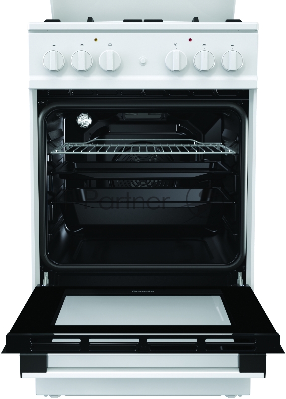 Комбинированная плита GORENJE K5142WF-B / 4 газовые конфорки, духовка электрическая, 62 л, очистка паром, чугунные решетки, газ-контроль, белая