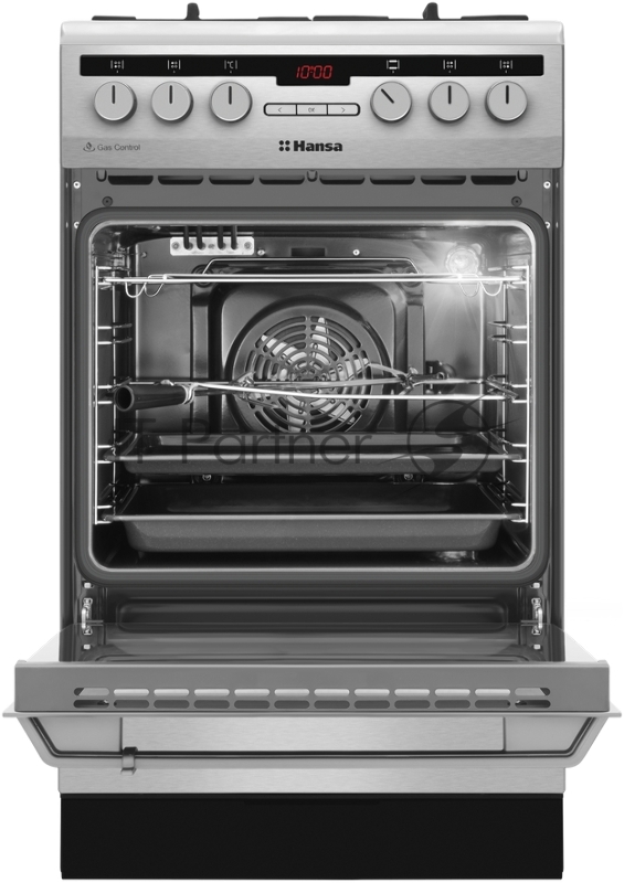 Комбинированная плита HANSA FCMX59221, Ширина 50см 4 газовых конфорки, газ-контроль, электроподжиг в ручке, электрическая духовка 8 программ нагрева, электронный программатор, конвекция, гриль, вертел, хромированные направляющие для противней, 1 плос