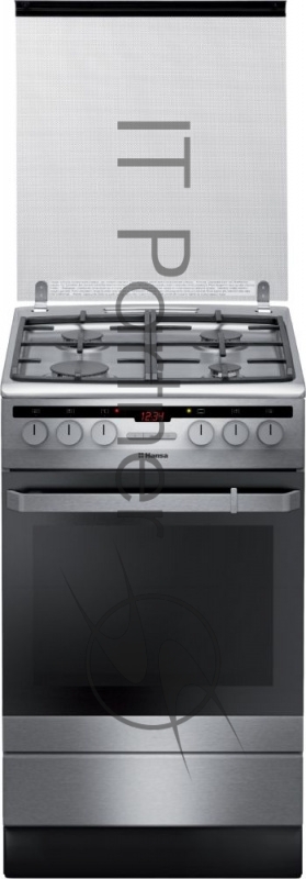 Комбинированная плита HANSA FCMX59221, Ширина 50см 4 газовых конфорки, газ-контроль, электроподжиг в ручке, электрическая духовка 8 программ нагрева, электронный программатор, конвекция, гриль, вертел, хромированные направляющие для противней, 1 плос