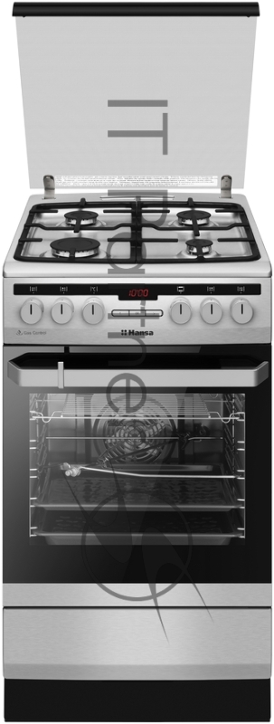 Комбинированная плита HANSA FCMX59221, Ширина 50см 4 газовых конфорки, газ-контроль, электроподжиг в ручке, электрическая духовка 8 программ нагрева, электронный программатор, конвекция, гриль, вертел, хромированные направляющие для противней, 1 плос