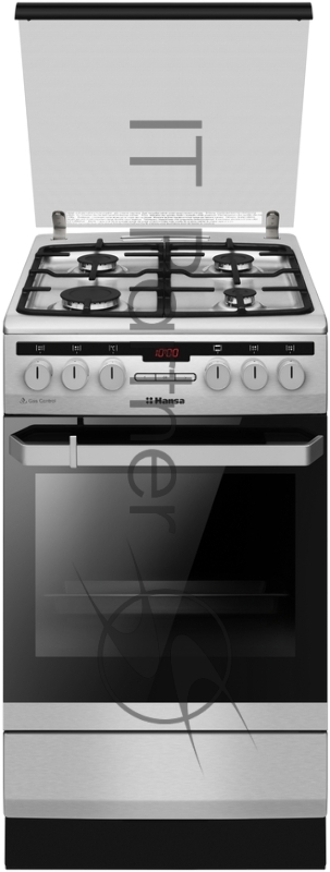 Комбинированная плита HANSA FCMX59221, Ширина 50см 4 газовых конфорки, газ-контроль, электроподжиг в ручке, электрическая духовка 8 программ нагрева, электронный программатор, конвекция, гриль, вертел, хромированные направляющие для противней, 1 плос