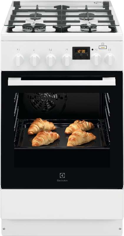 Комбинированная плита ELECTROLUX Комбинированная плита ELECTROLUX/ Комбинированная плита с газовой варочной поверхностью и электрической духовкой, 50см шириной, белого цвета, мультифункциональная электрическая духовка с паром SteamBake, электрический