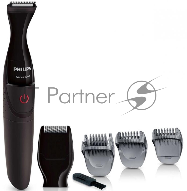 Машинка для стрижки Philips Компактный триммер для бороды, работа от батареек, в комплекте 3 гребня (1-3-5мм), насадка-бритва, батарея типа AA, щеточка для очистки. Цвет черный.