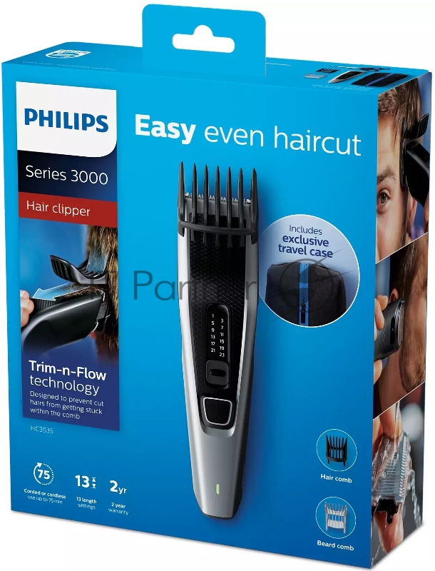 Машинка для стрижки Philips HC3535/15 Series 3000, темно-серый/черный, пластик, режущая система DualCut, 13 настроек длины от 0,5 мм - 23 мм с шагом 2 мм, чехол