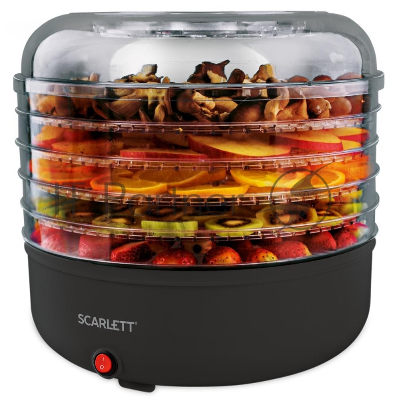 Сушка для фруктов и овощей Scarlett SC-FD421010 5под. 250Вт черный механическое управление мощность 125 Вт число поддонов: 5 максимальная загрузка 5 кг пластиковый корпус поддоны из прозрачного пластика приготовление пастилы