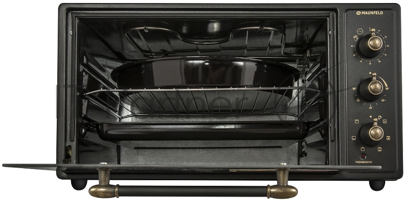 Мини-печь MAUNFELD Мини-печь MAUNFELD/ ширина 60 см, механическое управление, 45 л,конвекция, черный+стекло,фурнитура бронза