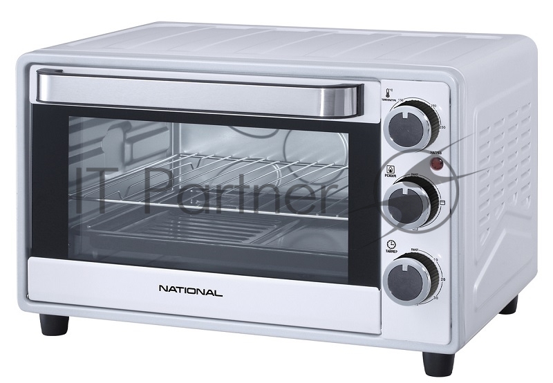 Мини-печь электрическая, объем 23 литра, мощность 1600 ватт, температура нагрева от 100 до 250 градусов, таймер 60 минут, 4 режима работы - нагрева печи, индикация включения, сигнал окончания приготовления, металлическая решетка, плоский противень, у