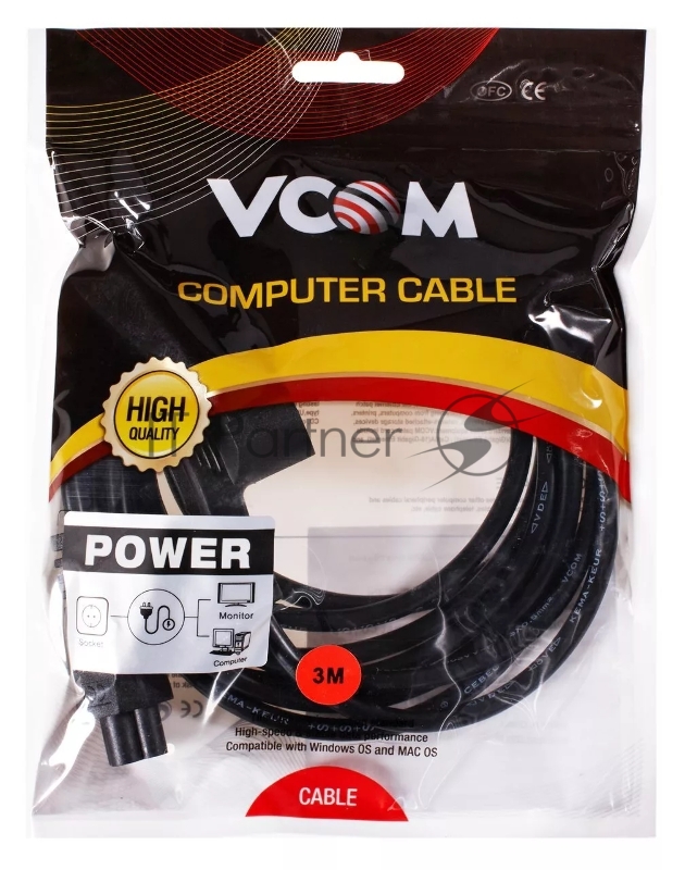 Кабель питания VCOM для ноутбуков 3М 3G*0.5mm 220V (CE022-CU) VDE стандарт