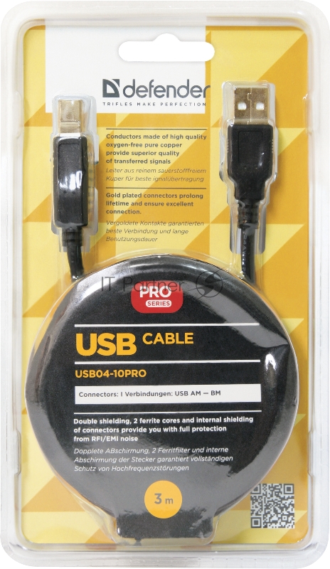 Кабель Defender USB04-10 PRO Кабель USB 2.0 для соед. 3.0м AM/BM , зол.конт, 2фер.фил. (87431)