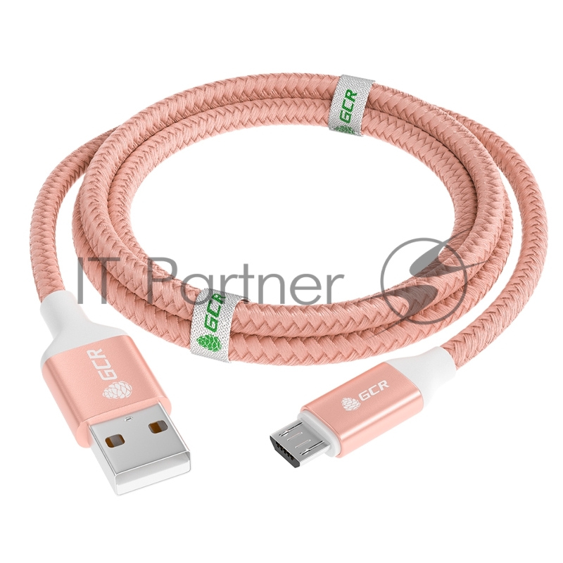 Кабель GCR QC 1.5m MicroUSB, быстрая зарядка, розовый нейлон, AL корпус розовый, белый ПВХ, 28/24 AWG, GCR-52474