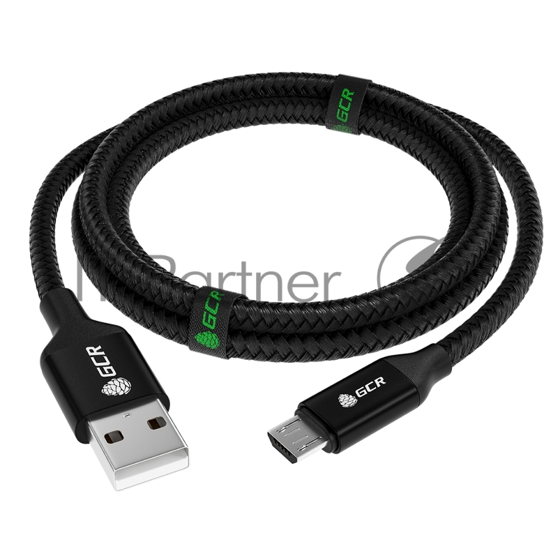 Кабель GCR QC 1.5m MicroUSB, быстрая зарядка, черный нейлон, AL корпус черный, черный ПВХ, 28/24 AWG, GCR-52476