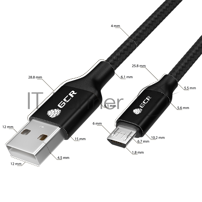Кабель GCR QC 1.5m MicroUSB, быстрая зарядка, черный нейлон, AL корпус черный, черный ПВХ, 28/24 AWG, GCR-52476
