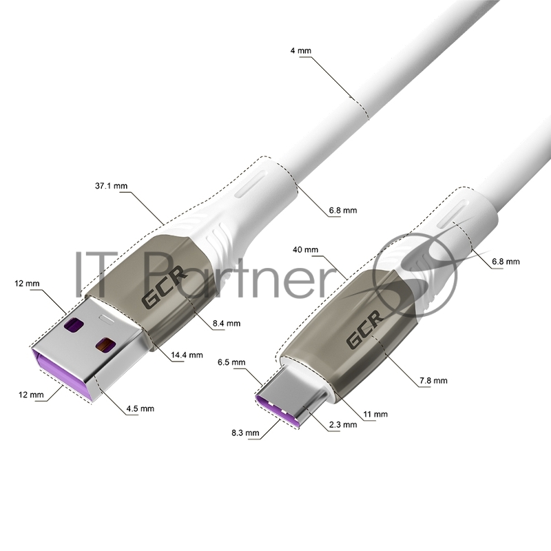 Кабель Greenconnect 0.5m TypeC 60 W, 5A max, быстрая зарядка, белый TPE, корпус relief, белый ПВХ, 28/22 AWG, GCR-52503
