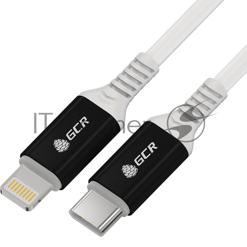 Кабель GCR PREMIUM 0.5m TypeC/Lightning MFI POWER DELIVERY 18 W, быстрая зарядка, белый силикон, AL case черный, белый ПВХ, GCR-53464