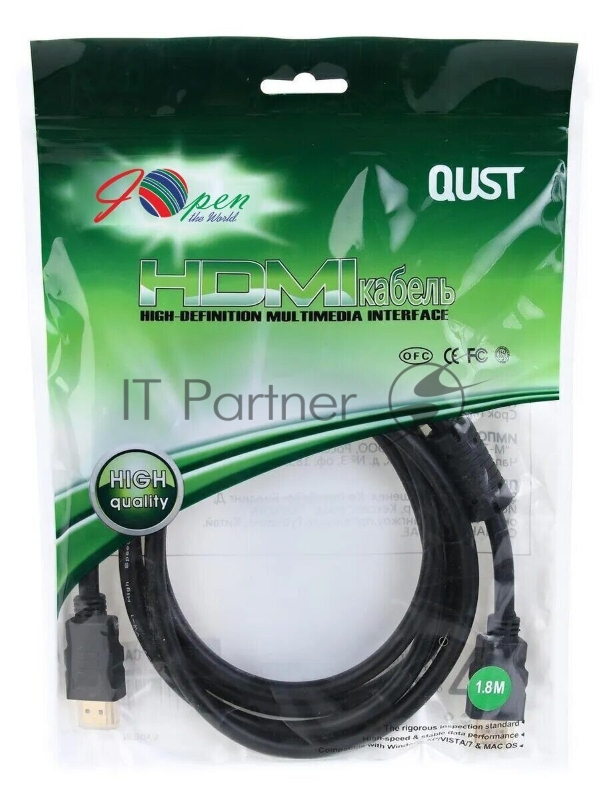 Кабель HDMI v.1.4 1.8м AOpen/Qust 3D/Ethernet, 2 фильтра, позолоченные контакты, ACG511D-1.8M