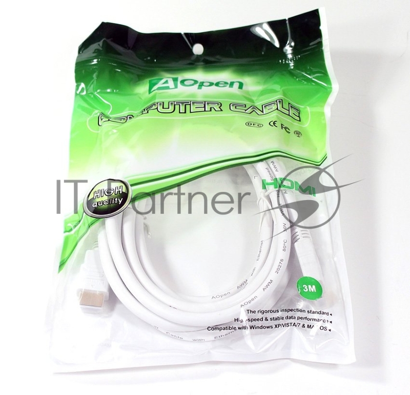 Кабель HDMI v.1.4 3м AOpen/Qust 19M/M 3D/Ethernet, белый, позолоченные контакты, ACG511W-3M