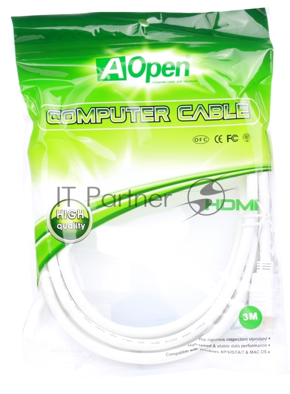 Кабель HDMI v.1.4 3м AOpen/Qust 19M/M 3D/Ethernet, белый, позолоченные контакты, ACG511W-3M