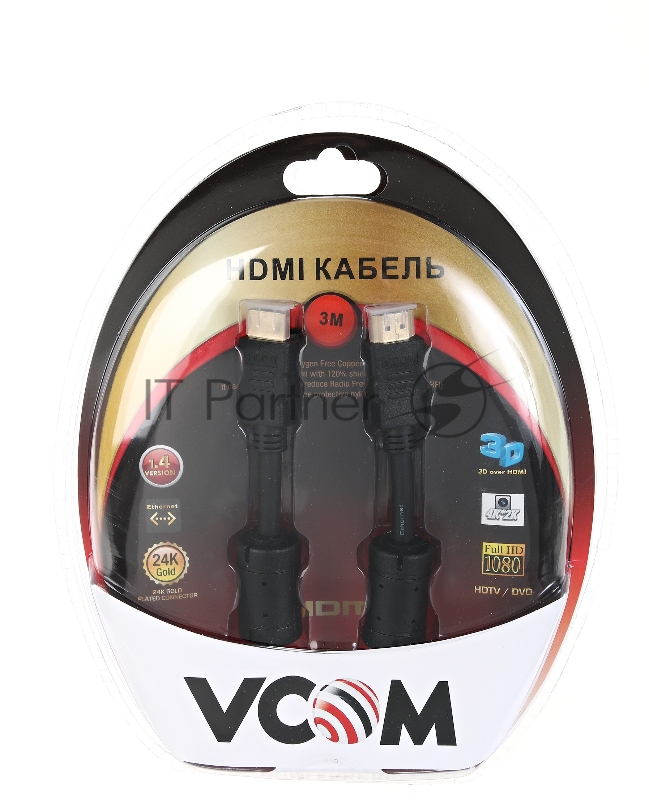 Кабель VCOM VHD6020D-3MB Кабель HDMI 19M/M ver:1.4+3D, 3m, позолоченные контакты, 2 фильтра Blister