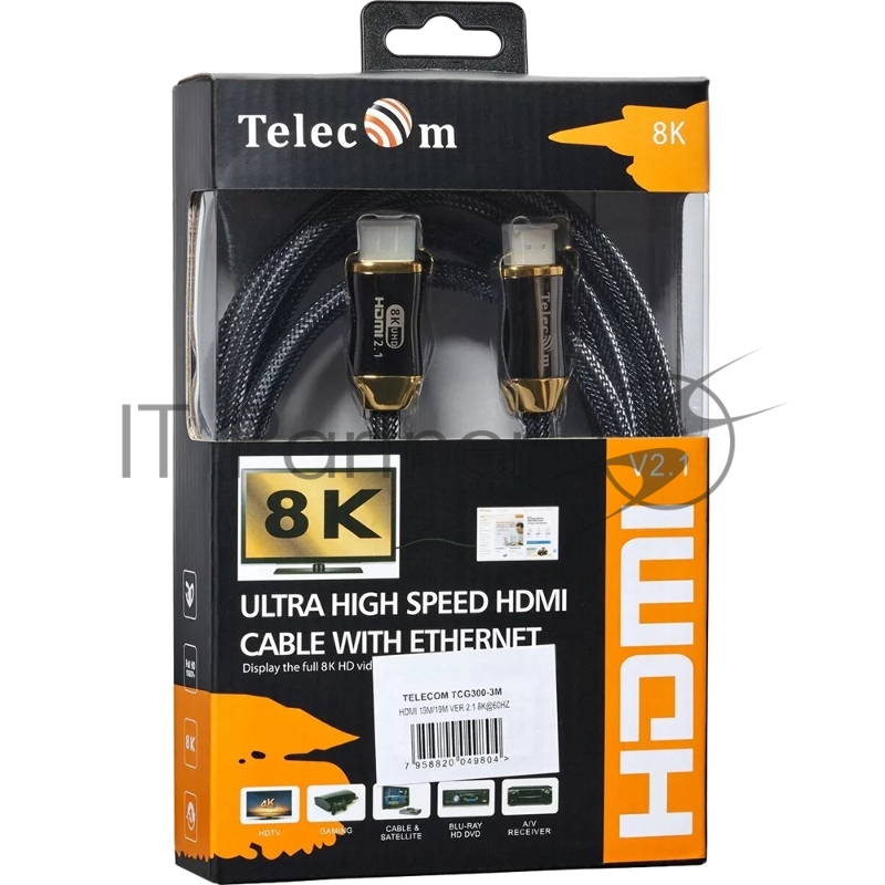 Кабель HDMI 19M/M,ver. 2.1, 8K@60 Hz 3m метал разъемы, нейлоновая оплетка Telecom <TCG300-3M>