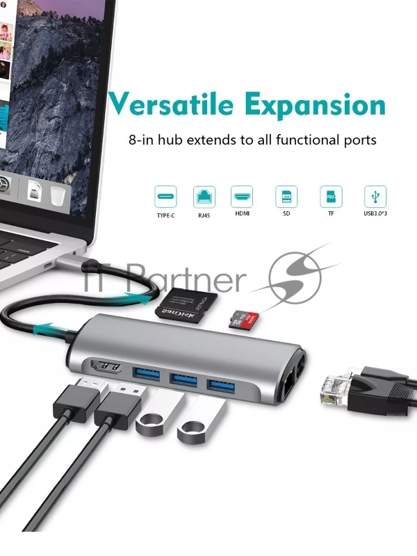 Кабель-адаптер USB3.1 Type-CM-->HDMI 4K*60Hz +3USB3.0+RJ45+TF+SD+PD charging VCOM <CU463>