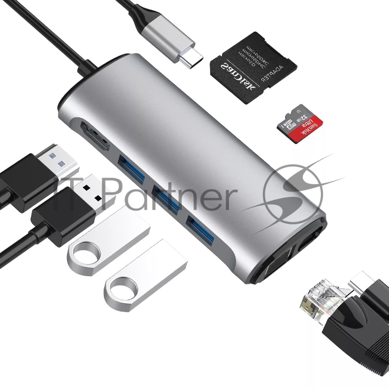 Кабель-адаптер USB3.1 Type-CM-->HDMI 4K*60Hz +3USB3.0+RJ45+TF+SD+PD charging VCOM <CU463>