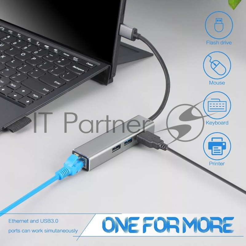 Кабель-концентратор USB 3.1 Type-Cm --> RJ-45+3port USB3.0(f) Aluminum Shell VCOM <DH311A>