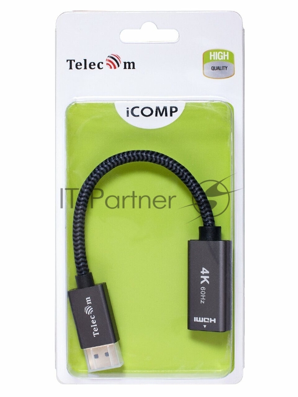 Кабель-переходник DP --> HDMI-F 0.2m , серый металлик, оплетка, 4K@60Hz, Telecom (TA560)