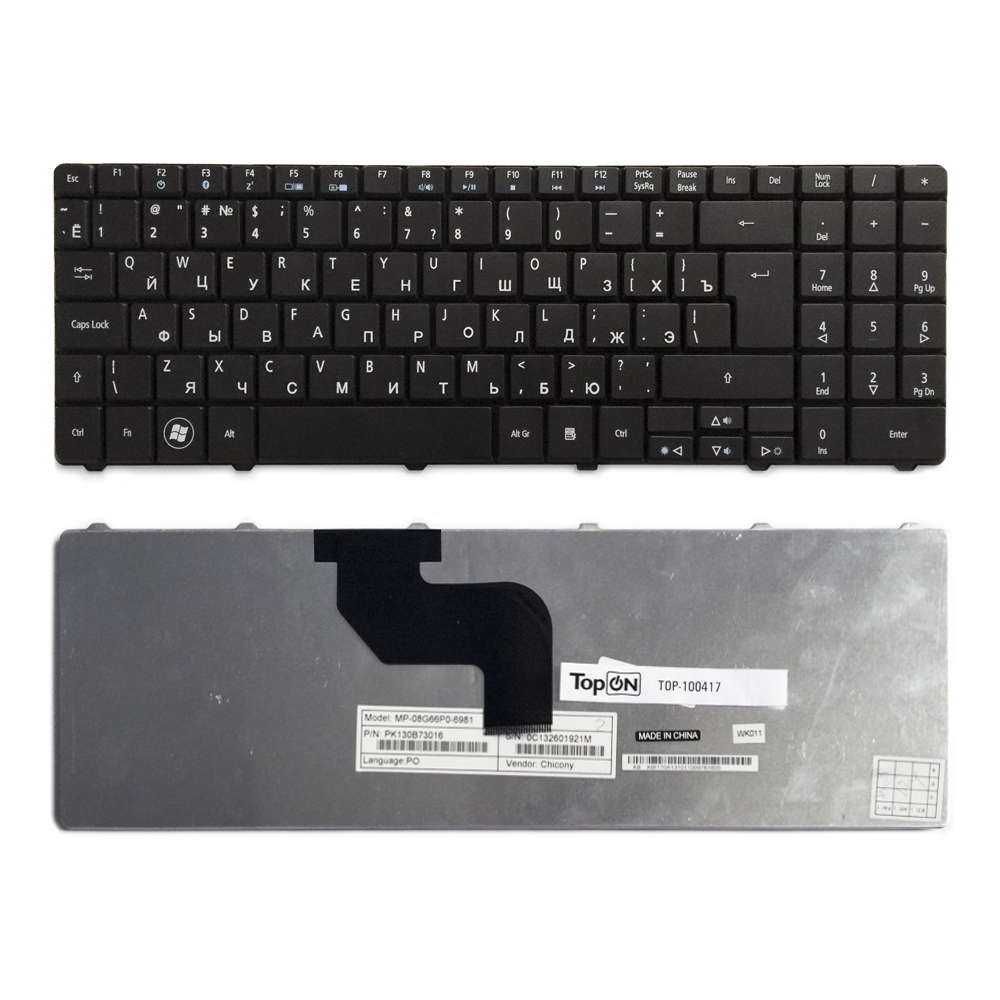 Клавиатура для ноутбука Acer Aspire 5516, 5517, 5332, 5532, 5732 eMachines E430, E525, E527 Series. Г-образный Enter. Черная без рамки. NSK-GFB0R.