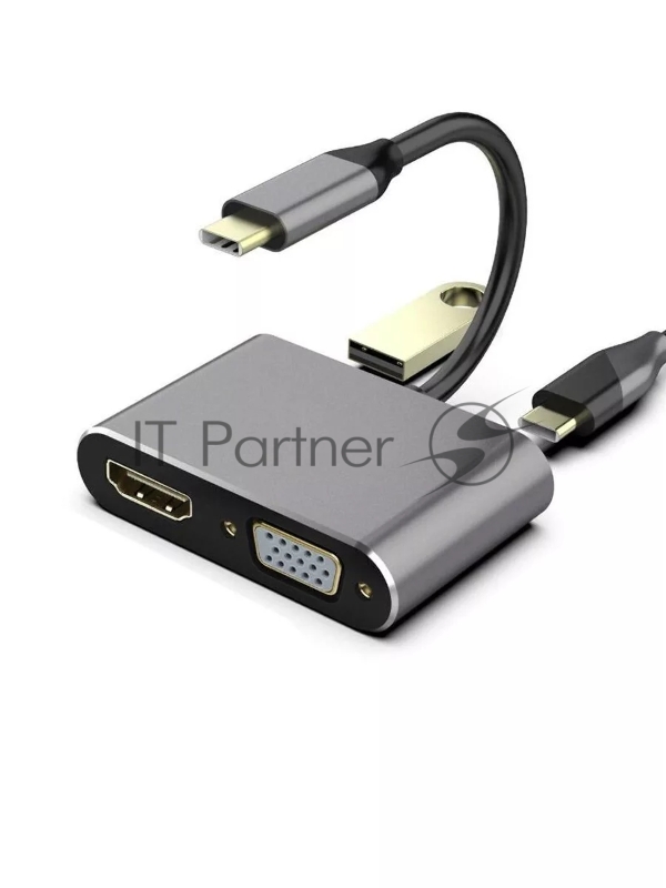 Кабель-концентратор USB3.1 TypeCm -->HDMI+USB3.0+PD+VGA Alum Grey 4K@30Hz, Telecom<TUC055>