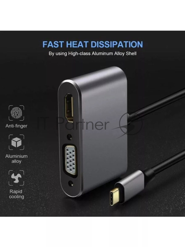 Кабель-концентратор USB3.1 TypeCm -->HDMI+USB3.0+PD+VGA Alum Grey 4K@30Hz, Telecom<TUC055>