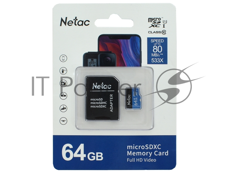 Флеш карта microSDHC 64GB Netac P500 <NT02P500STN-064G-R> (с SD адаптером) 80MB/s
