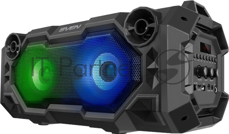 Мобильные колонки чёрные Sven PS-500 (2x18W, mini Jack, USB, Bluetooth, FM, micro SD, LED-дисплей, ПДУ, 2 x 2000 мA, LED подсветка)