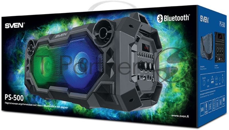 Мобильные колонки чёрные Sven PS-500 (2x18W, mini Jack, USB, Bluetooth, FM, micro SD, LED-дисплей, ПДУ, 2 x 2000 мA, LED подсветка)