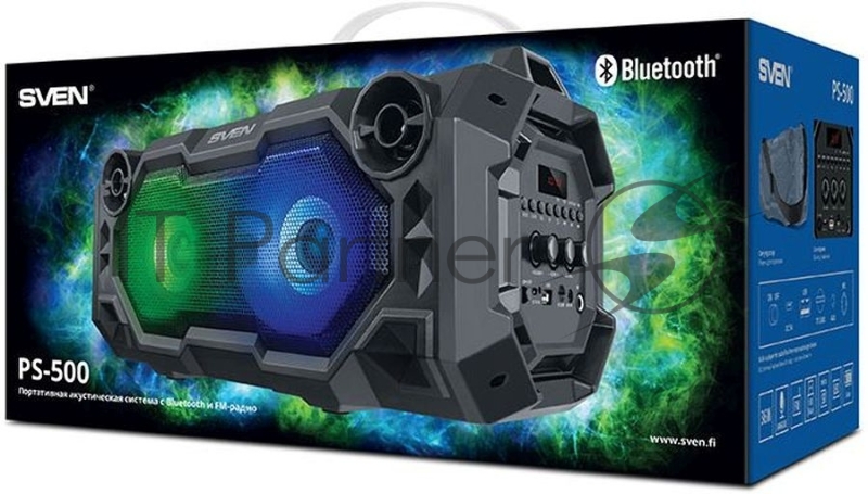 Мобильные колонки чёрные Sven PS-500 (2x18W, mini Jack, USB, Bluetooth, FM, micro SD, LED-дисплей, ПДУ, 2 x 2000 мA, LED подсветка)