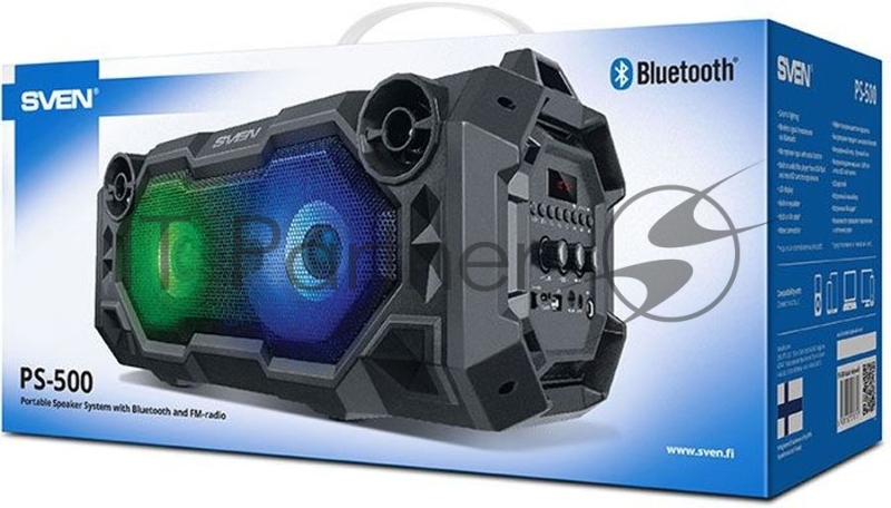 Мобильные колонки чёрные Sven PS-500 (2x18W, mini Jack, USB, Bluetooth, FM, micro SD, LED-дисплей, ПДУ, 2 x 2000 мA, LED подсветка)