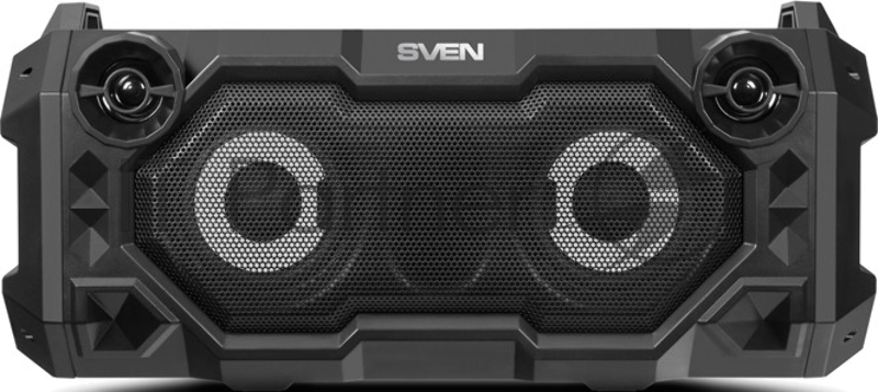Мобильные колонки чёрные Sven PS-500 (2x18W, mini Jack, USB, Bluetooth, FM, micro SD, LED-дисплей, ПДУ, 2 x 2000 мA, LED подсветка)