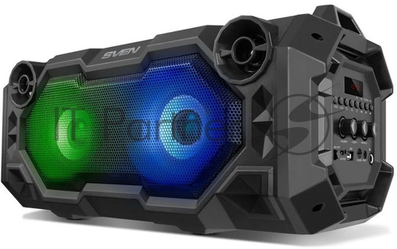 Мобильные колонки чёрные Sven PS-500 (2x18W, mini Jack, USB, Bluetooth, FM, micro SD, LED-дисплей, ПДУ, 2 x 2000 мA, LED подсветка)